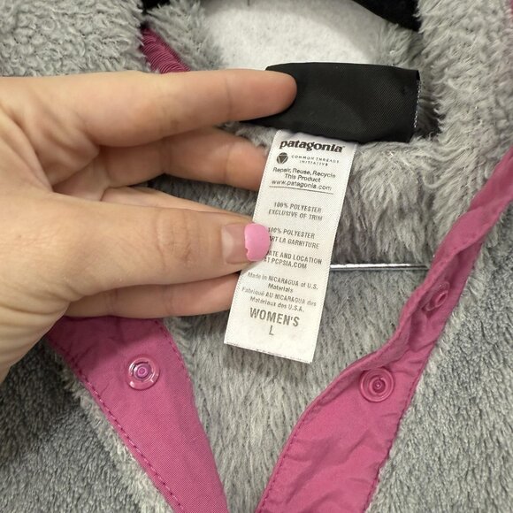 Patagonia Sweater Womens Large Gray Pink Hooded Fleece Pullover Synchilla Lining - Picture 4 of 9